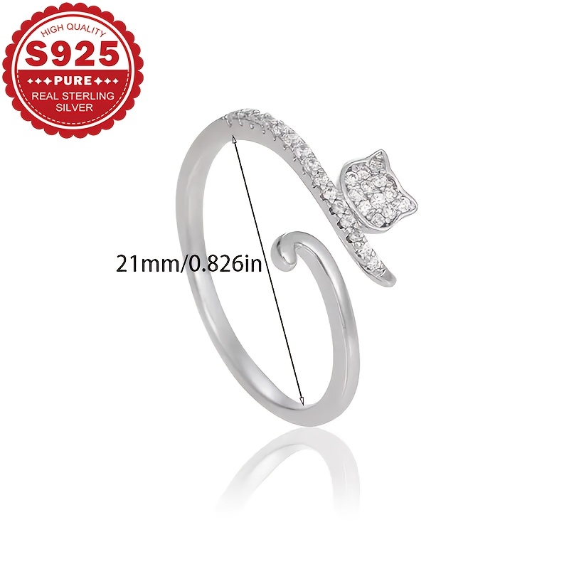 Women's S925 Sterling Silver Cute Cat Open Ring, Adjustable